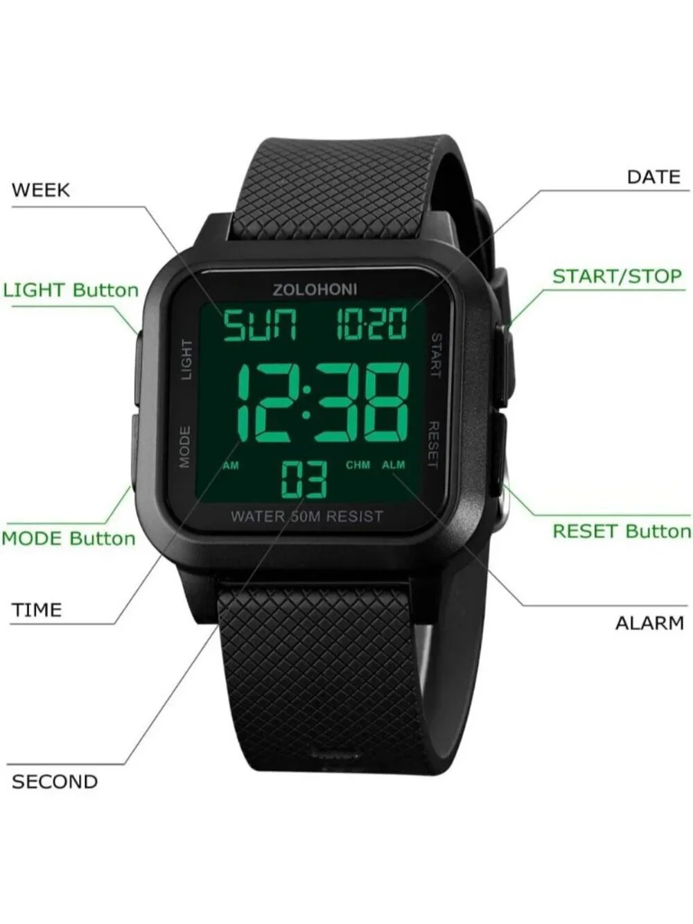 Mens All Black Analog Quartz Stainless Steel Waterproof Square LED Digital Watch